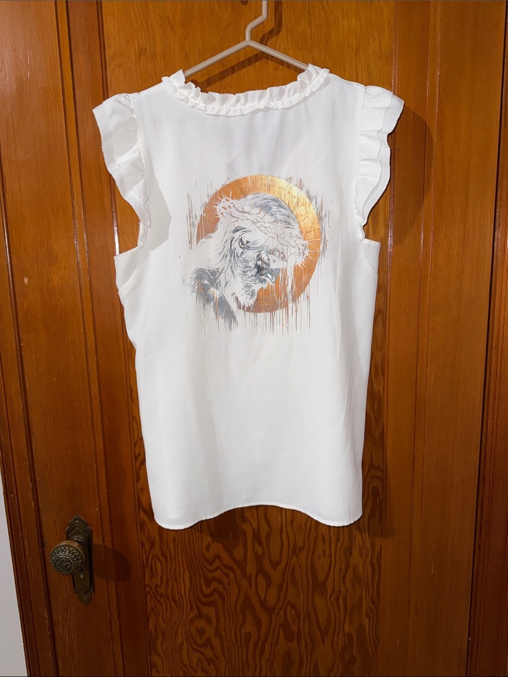 White Ruffle Sleeve Graphic Blouse with Metallic Gold Halo